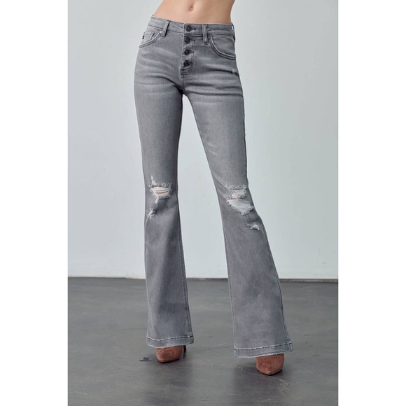 PRICE DROP Opal Light Grey Mid-Rise Flare Jeans - Picture 4 of 11